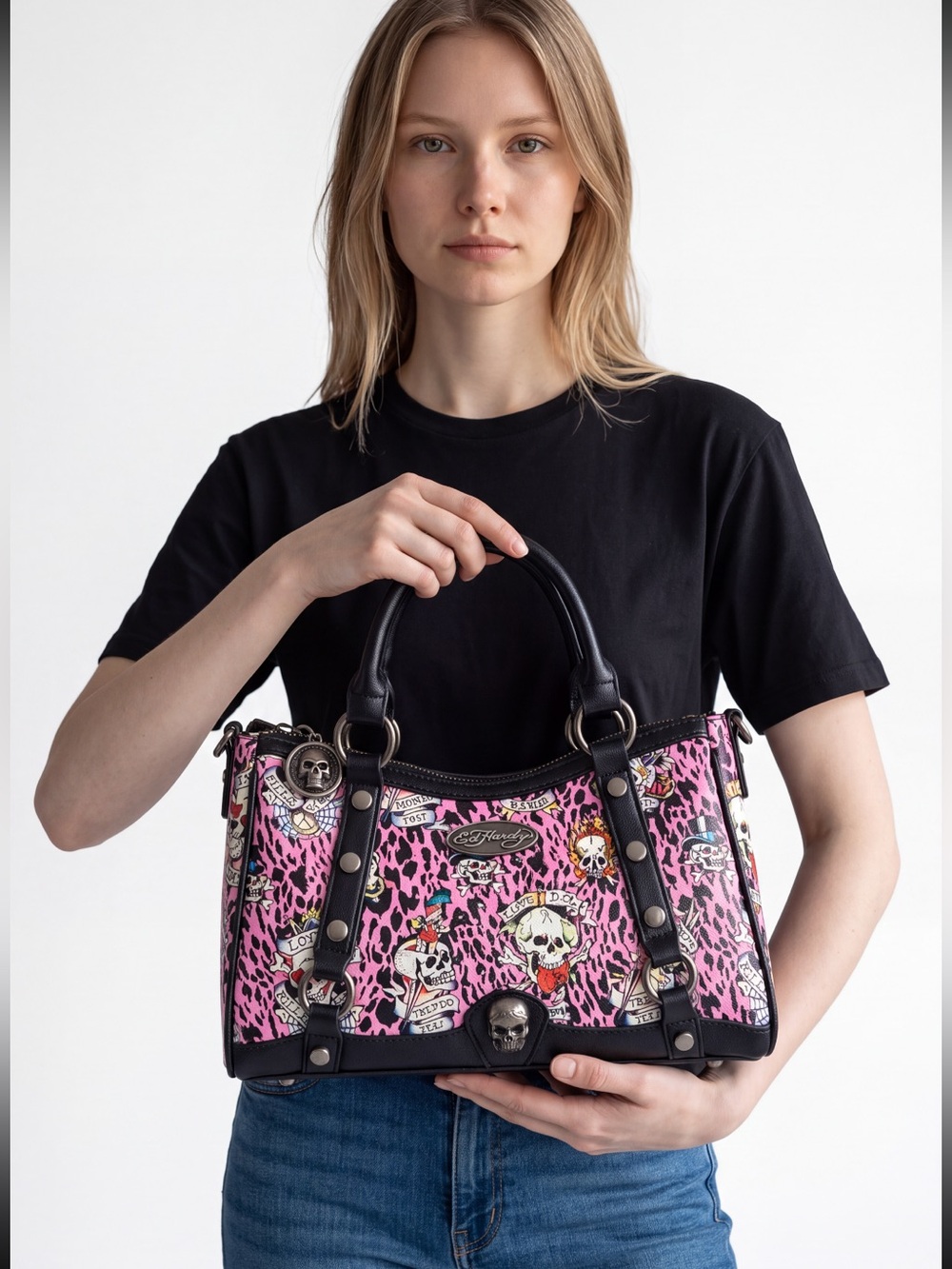 Ed Hardy Pink Leopard Skull-Print Satchel/ Crossbody Stud Accents  Larger bag
